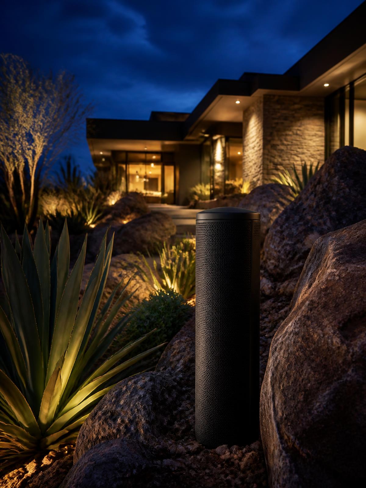 Discreet landscape speakers placed beside a boulder and agave