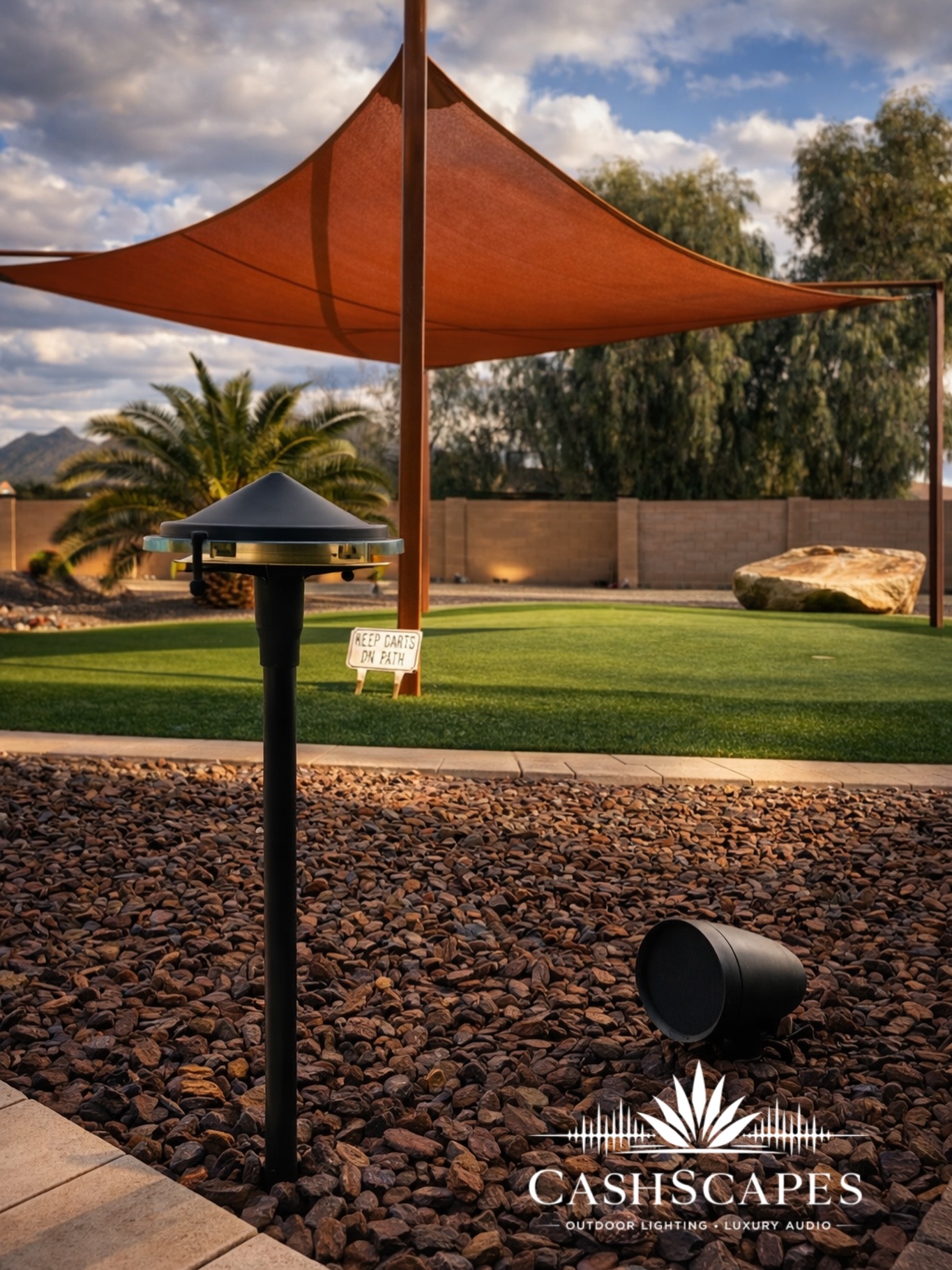 Path light and buried landscape speaker set in decorative rock beside a putting green