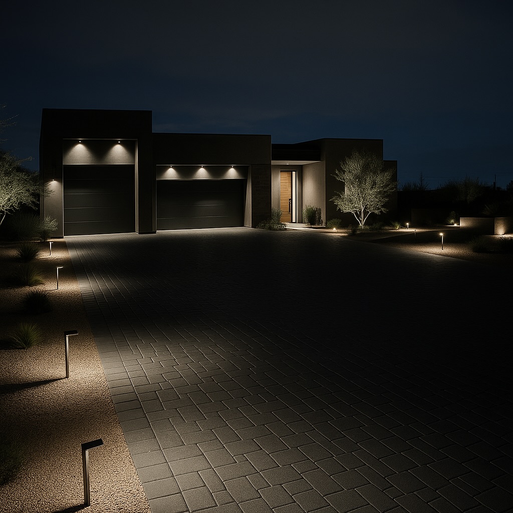 Newly built luxury desert home with driveway and entry lighting at night