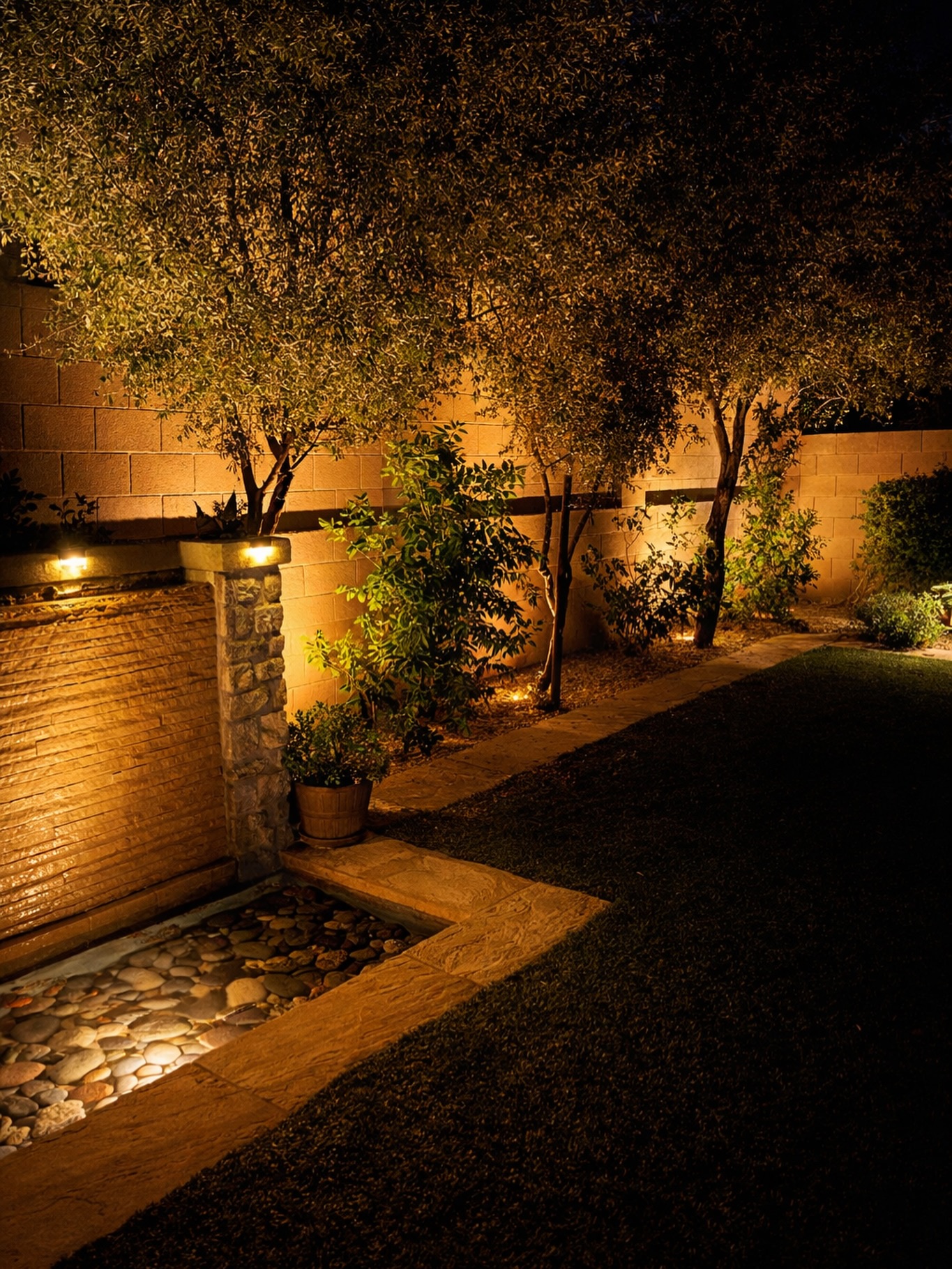 Courtyard water feature and olive trees washed in warm landscape lighting